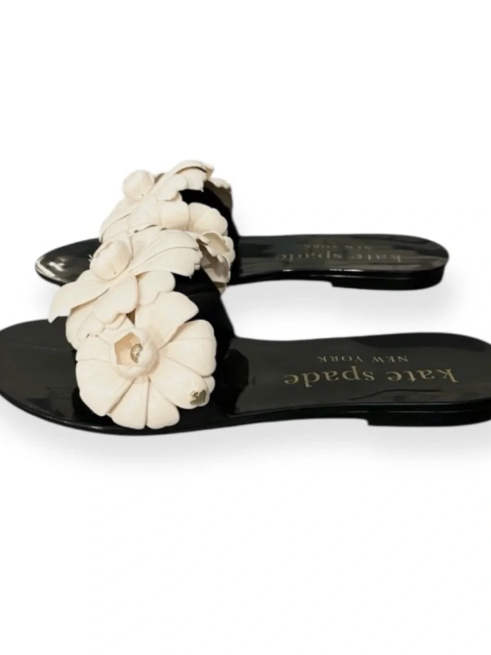 kate spade Black Slide Sandal with Cream Floral Accent